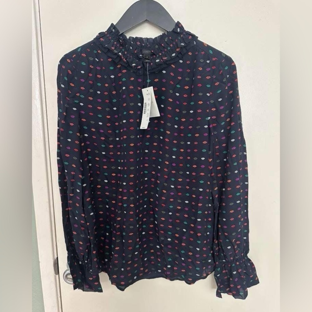 J.Crew 100% Silk Valentines Day Lips Printed Ruffle Blouse